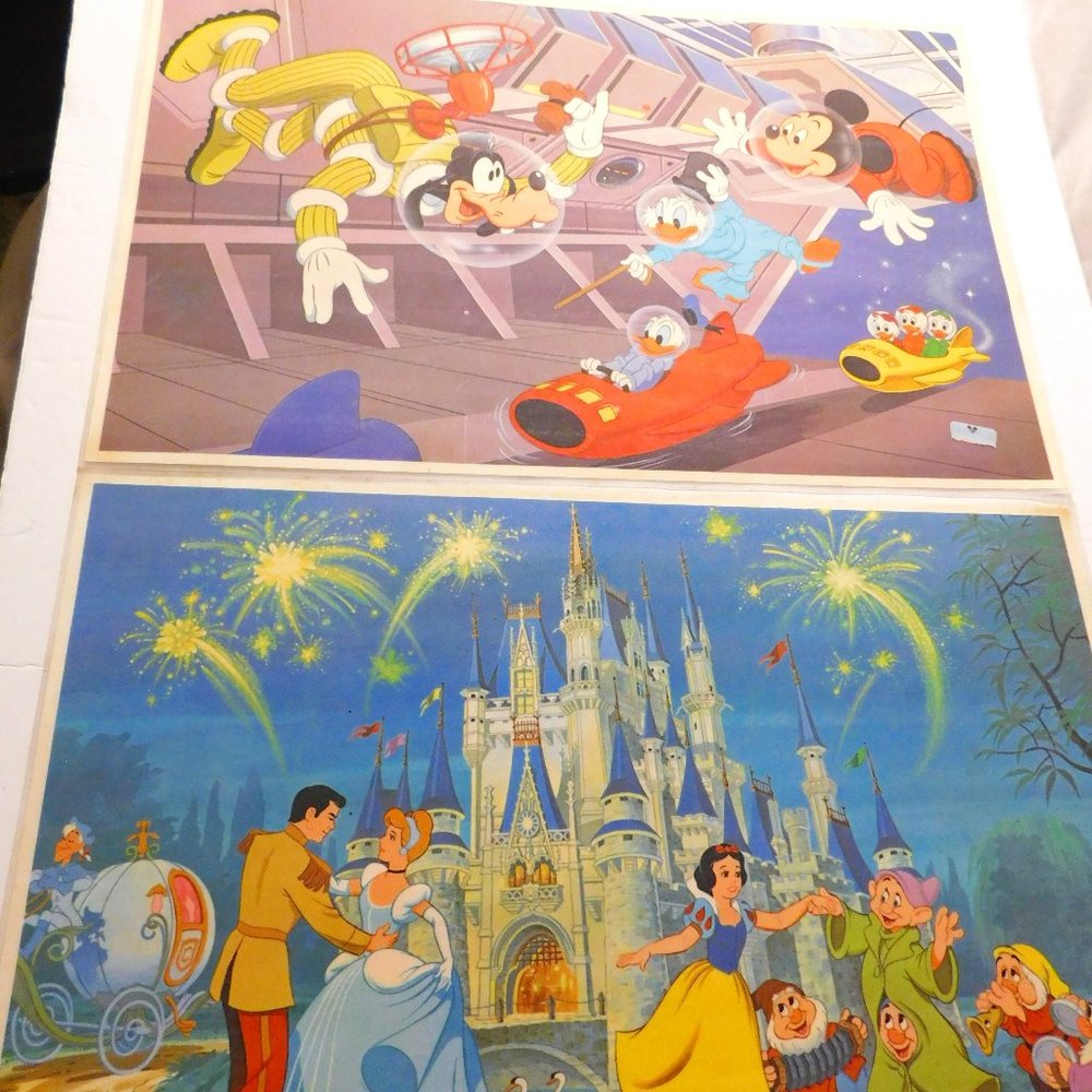 Disneyland Place-Mats Mickey In Space and Cinderella with Snow White Vintage